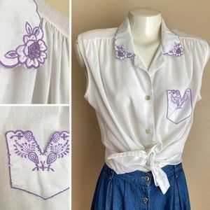 VTG Sears L/XL Thin White Sleeveless Button Down Blouse Purple Floral Embroidery